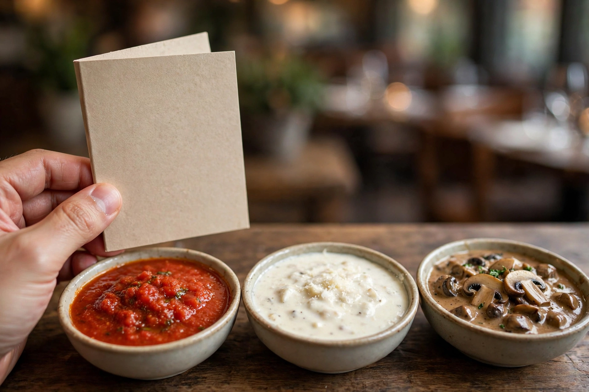 Olive Garden pasta sauces: marinara, alfredo and mushroom