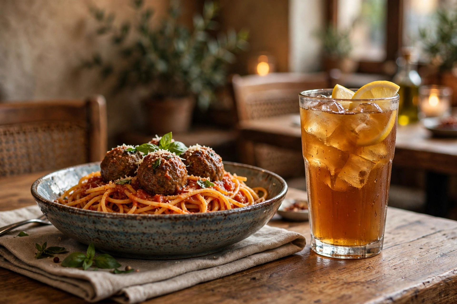 Spaghetti with meatballs and iced tea at Olive Garden