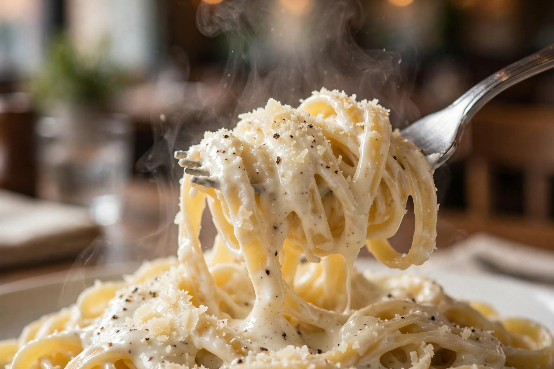 Close-up of fettuccine alfredo twirled on a fork with creamy parmesan sauce