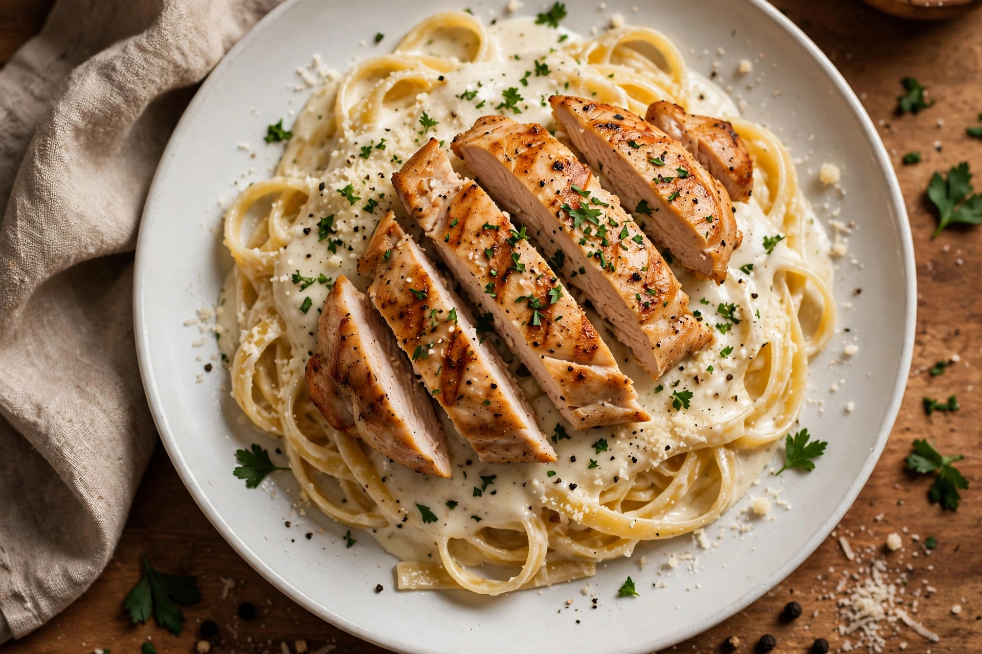 Plate of chicken alfredo with grilled chicken slices over fettuccine in parmesan sauce