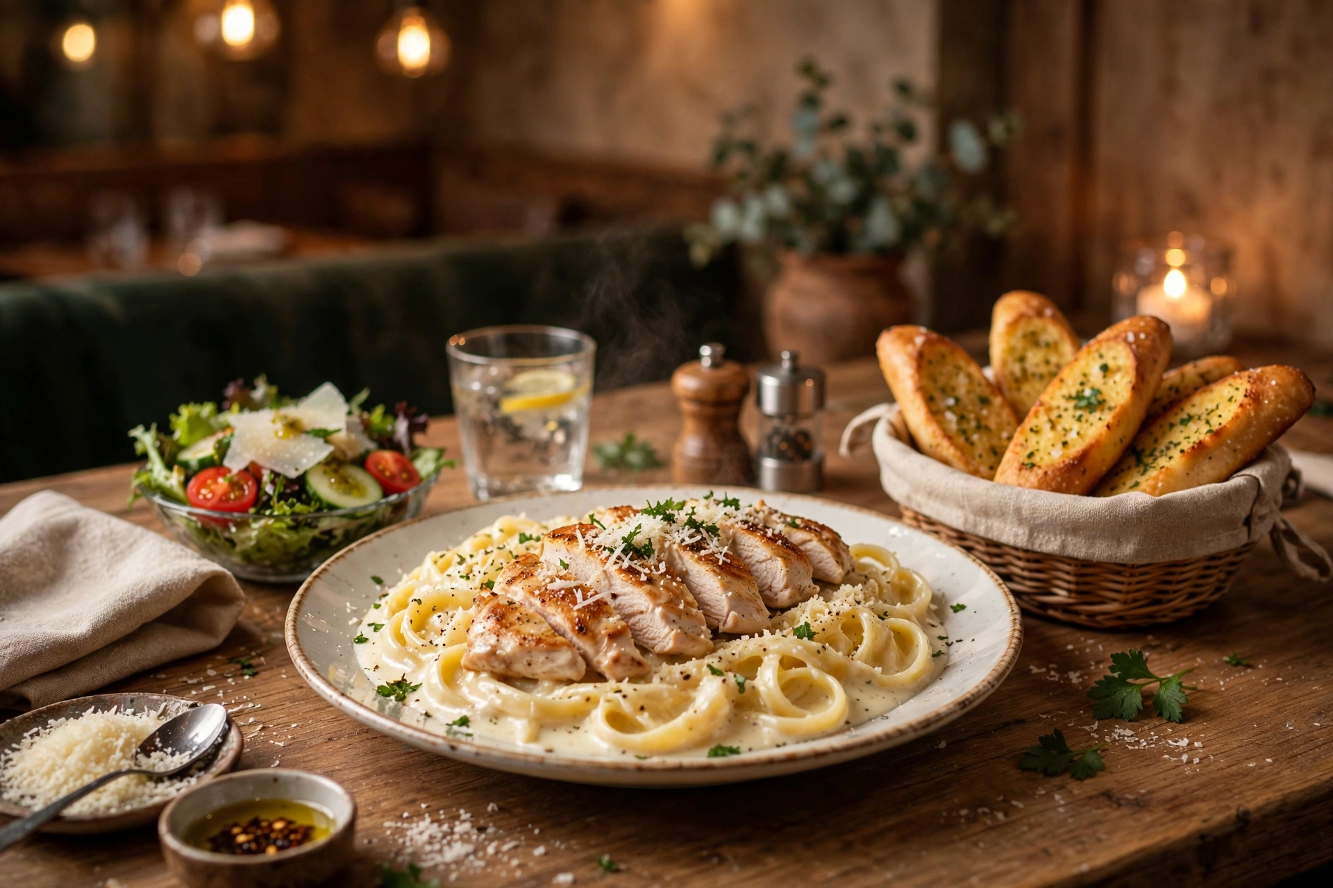 Plate of chicken alfredo on a restaurant table with breadsticks and salad