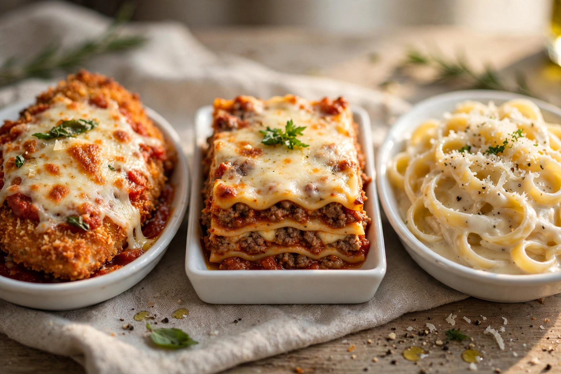 The three dishes in the Tour of Italy: chicken parmigiana, lasagna classico, fettuccine alfredo