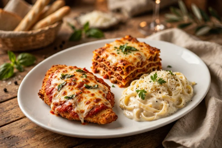 Tour of Italy sampler plate with chicken parmigiana, lasagna classico, and fettuccine alfredo