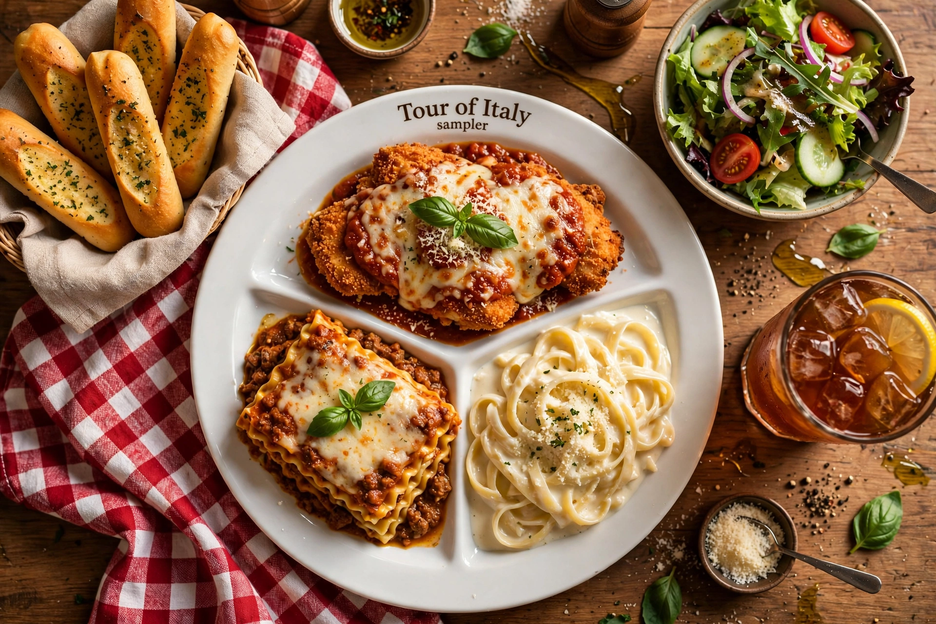 Tour of Italy served with breadsticks, salad and iced tea