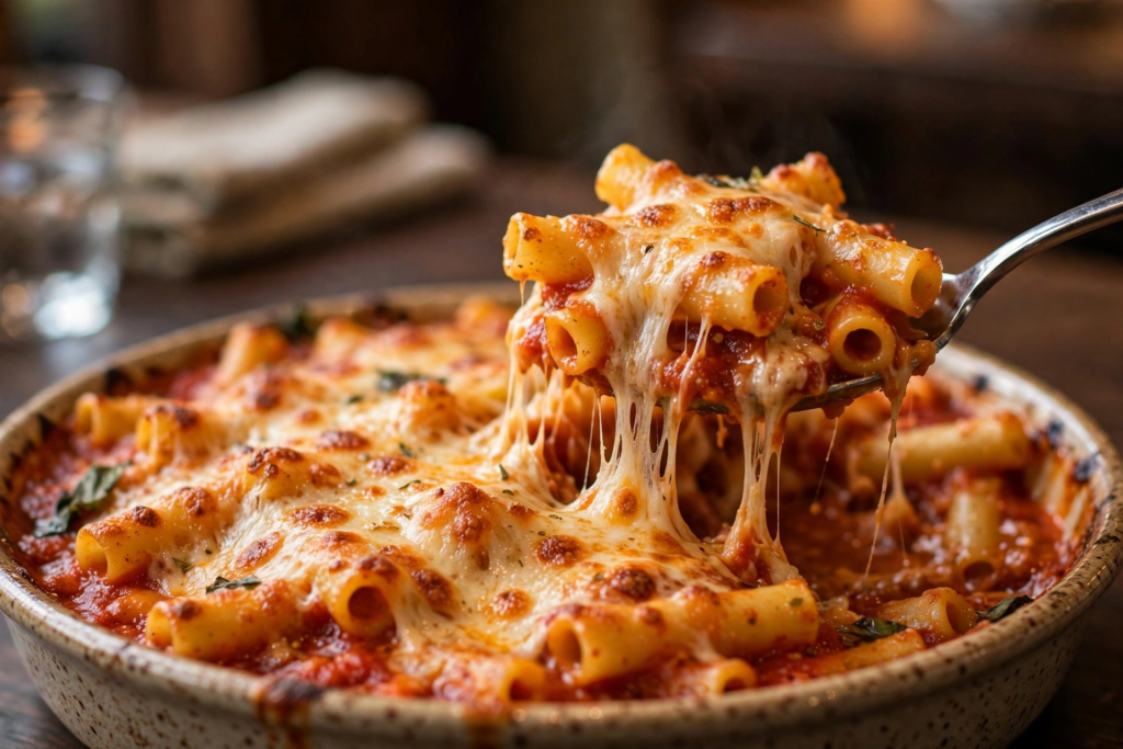 Olive Garden Five Cheese Ziti al Forno: ziti baked in creamy five-cheese sauce with a golden bubbly top — dinner portion $18.49 in 2026