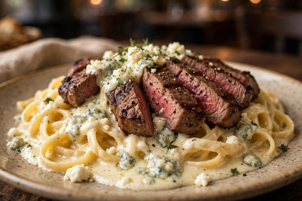 Olive Garden Steak Gorgonzola Alfredo: grilled steak medallions over fettuccine in gorgonzola-alfredo cream sauce — dinner portion $22.79 in 2026