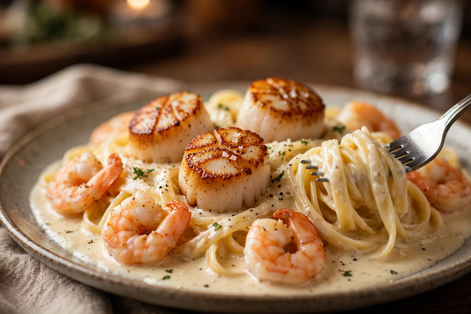 Seafood Alfredo close-up