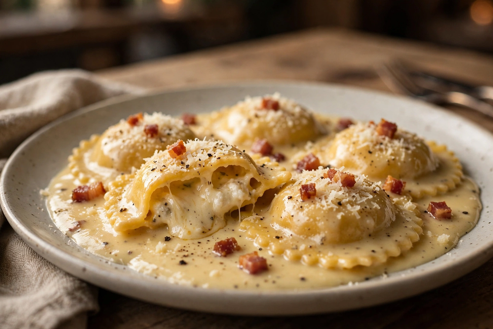 Ravioli Carbonara close-up